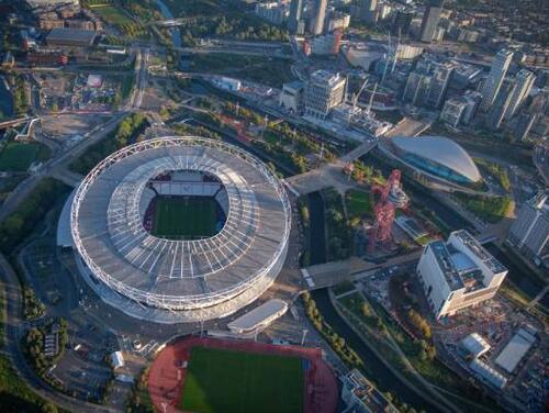 An aerial shot of London Stadium and the F10 bridge