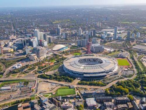 An aerial shot of London Stadium including Mandeville Place