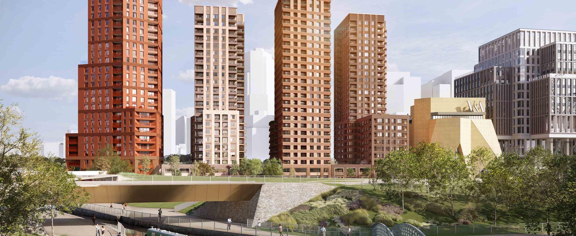 View of Stratford Waterfront residential development from Stadium Island