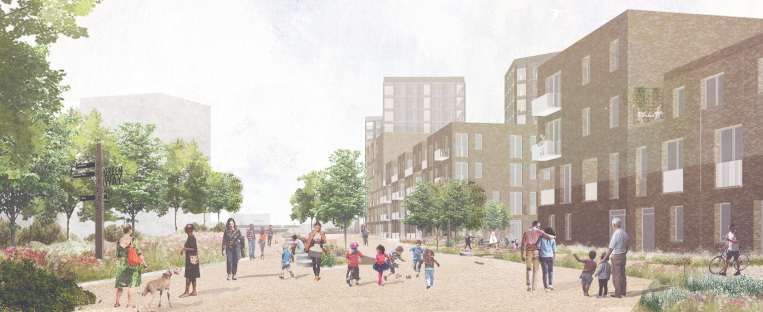 Artist impression looking north alongisde the Greenway. The new Bridgewater Triangle neighbourhood is on the right with Pudding Mill Lane in the distance.