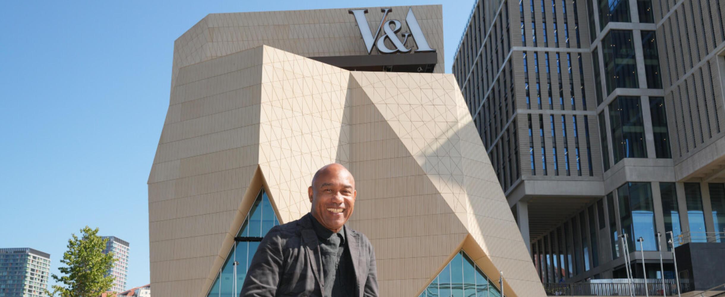 Gus Casely-Hayford in front of V&A East