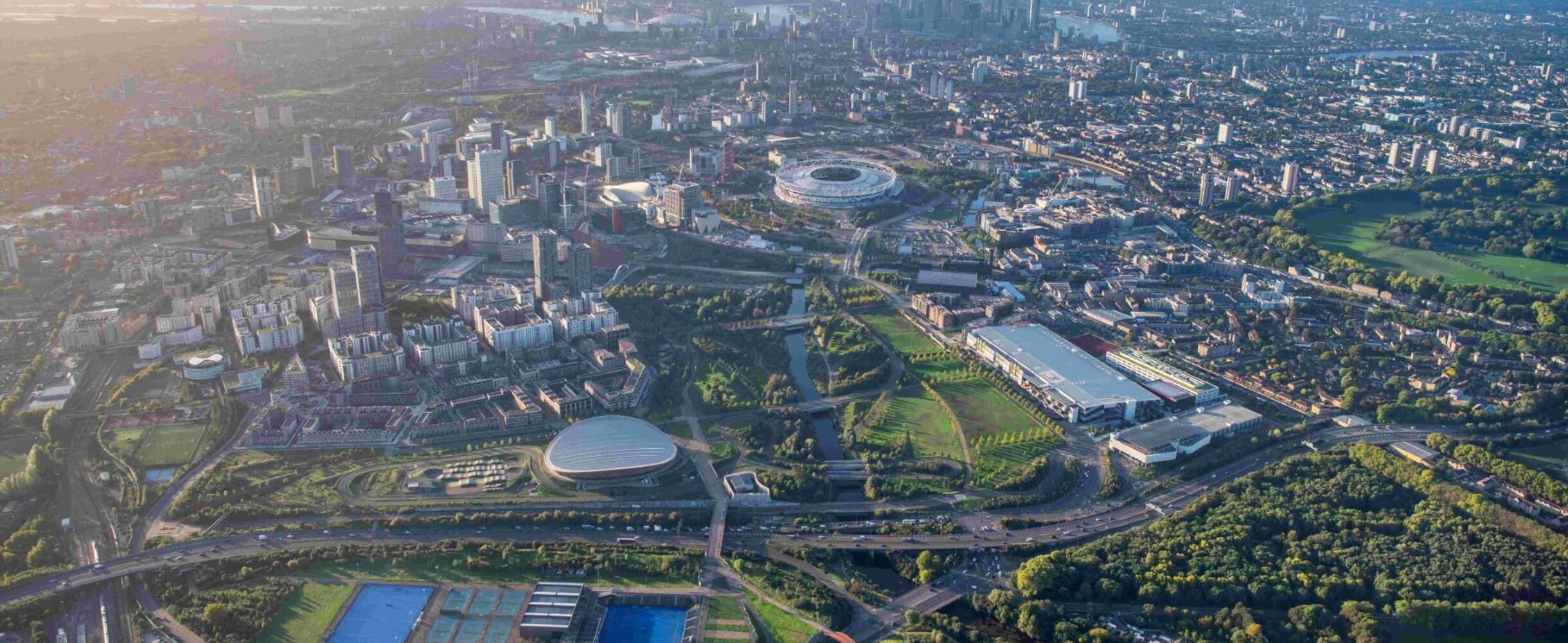 Aerial view of Queen Elizabeth Olympic Park looking from Lee Valley Hockey and Tennis Centre to the south