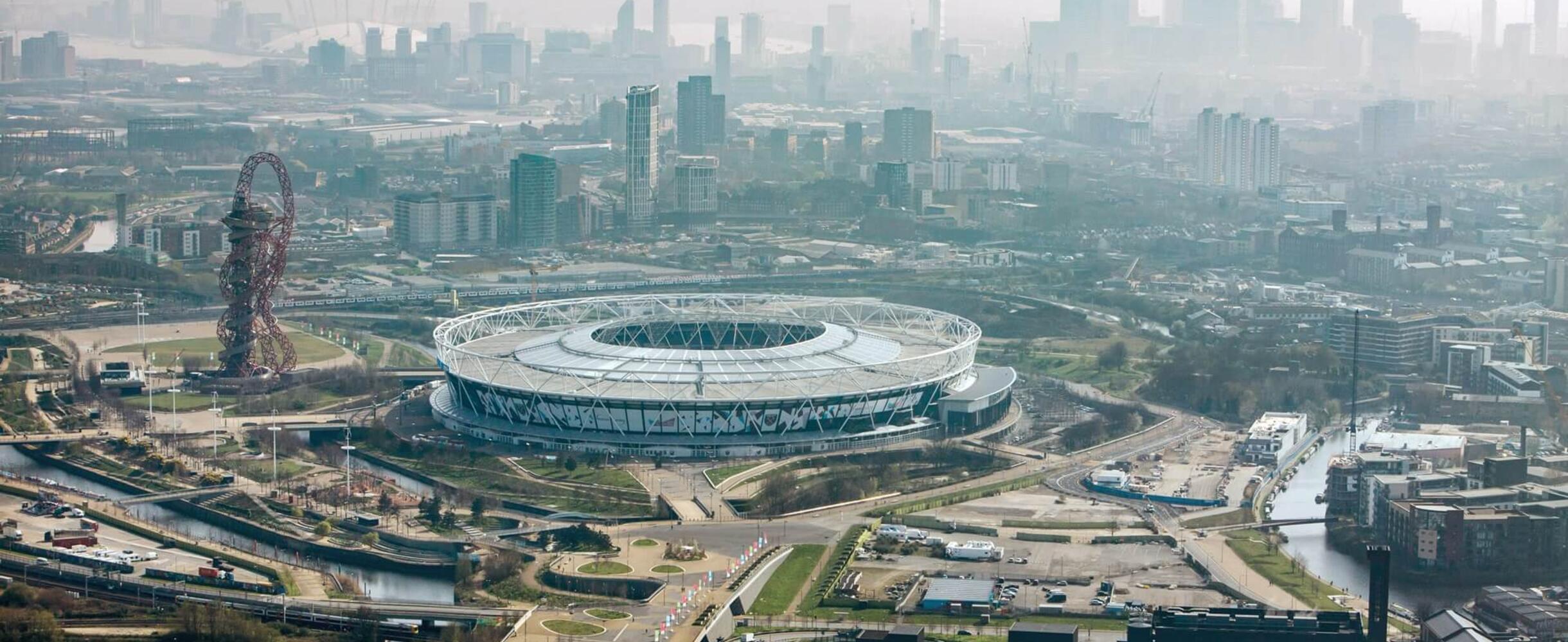 Arial shot of Queen Elizabeth Olympic Park with London Stadium visible