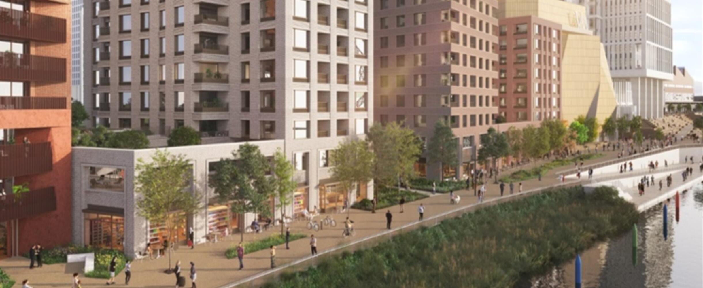 Computer generated image (CGI) of Stratford Waterfront looking southeast towards East Bank from an aerial position.
