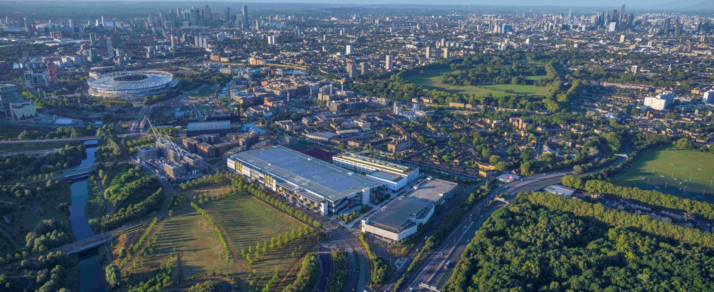 Aerial view of Queen Elizabeth Olympic Park looking from north to south