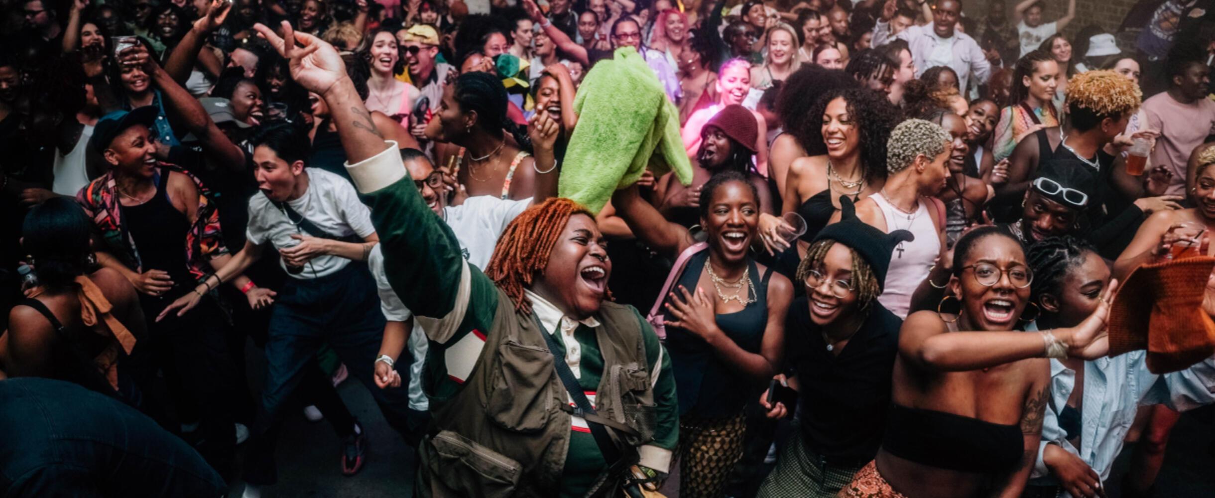 A group of people dance in a crowd