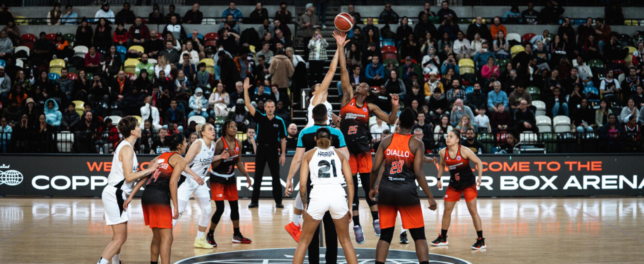 The start of a London Lions match as two players jump for the ball