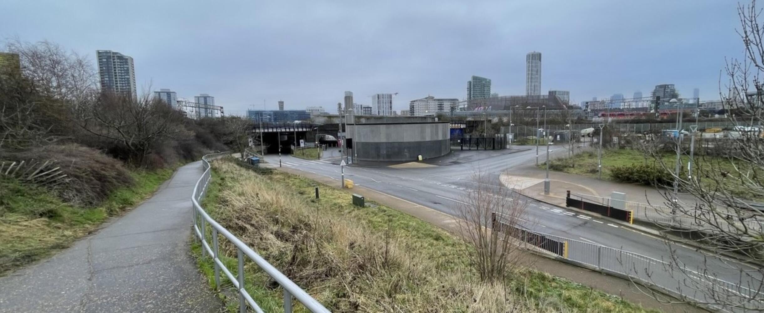 View south from Greenway towards Pudding Mill Lane