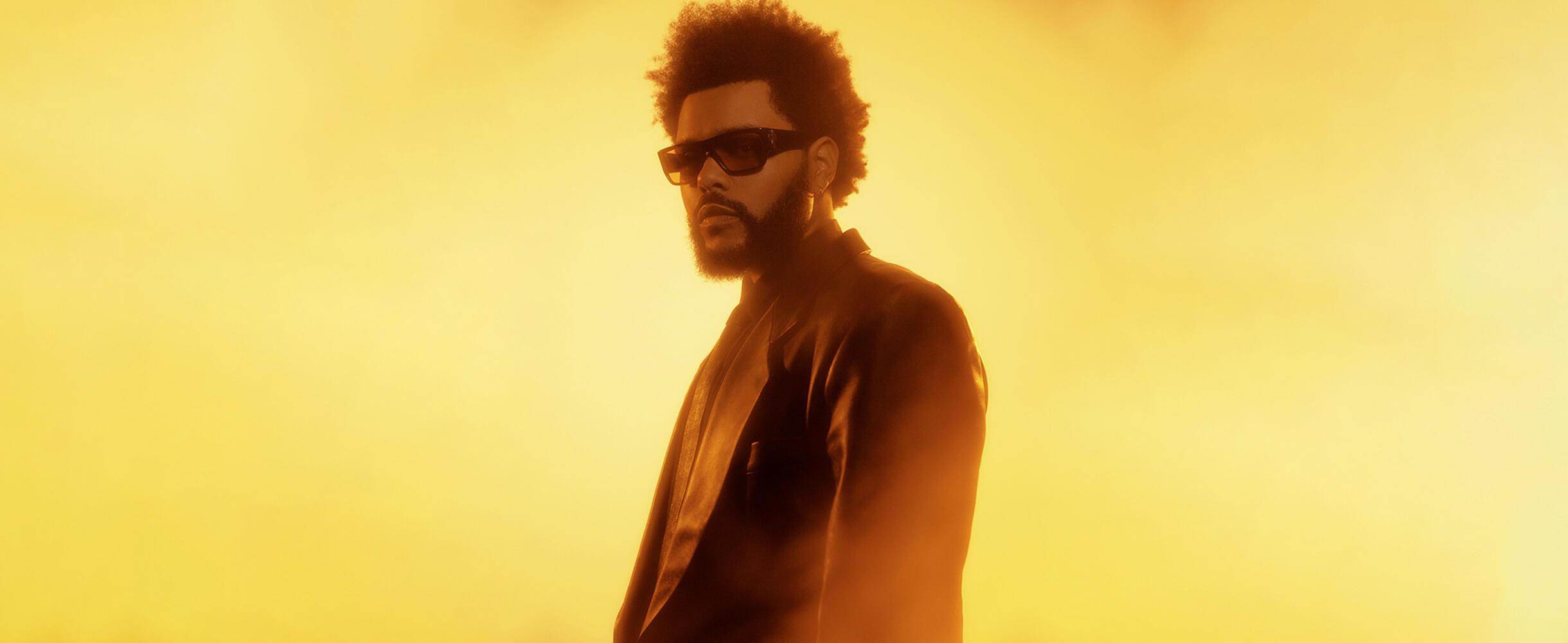 The Weeknd in front of a yellow background