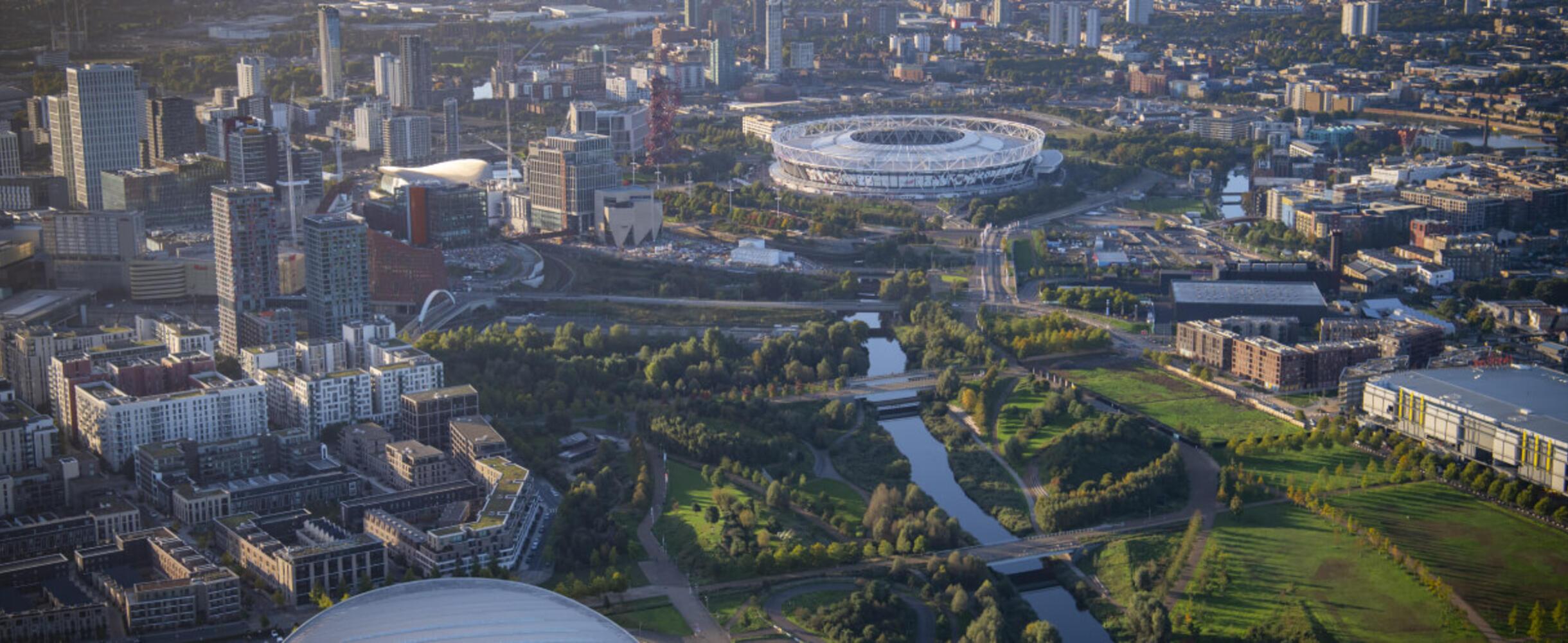 An aerial shot of Queen Elizabeth Olympic Park