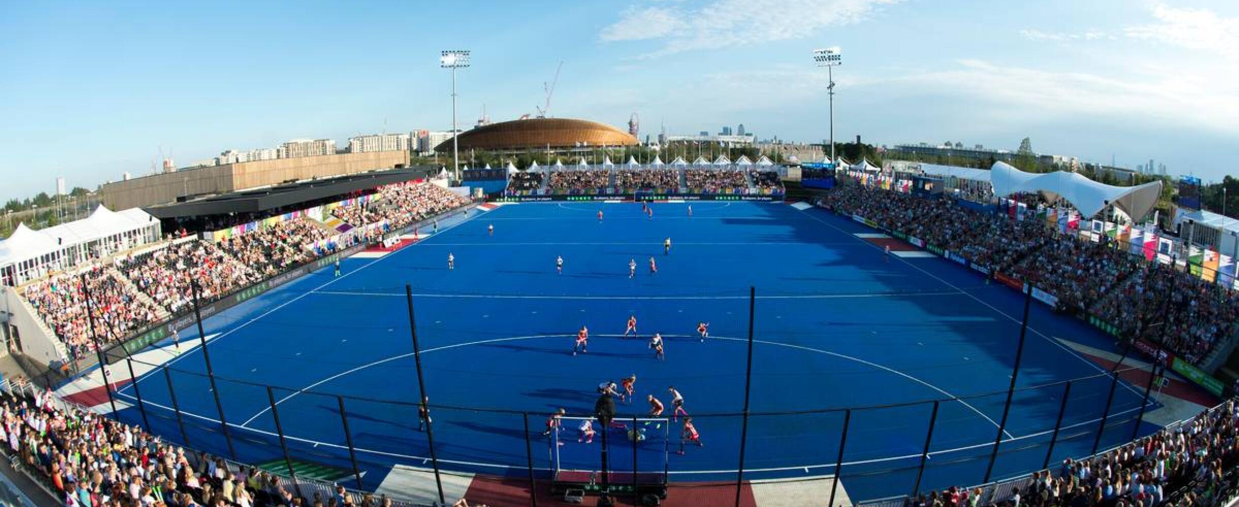 A fish eye lense shot of the Lee Valley Hockey and Tennis Centre from above during the Women's Hockey Championships 2016