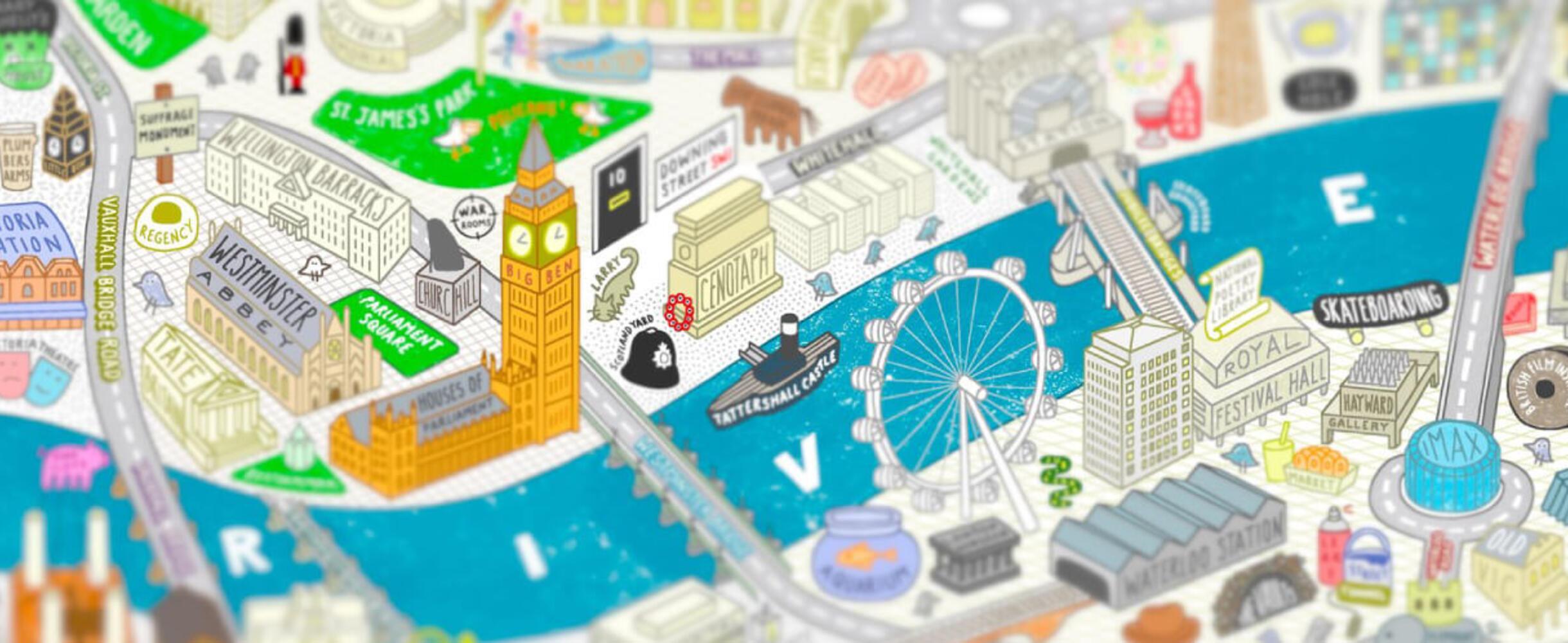 A cartoon design of central London by artist Angry Dan
