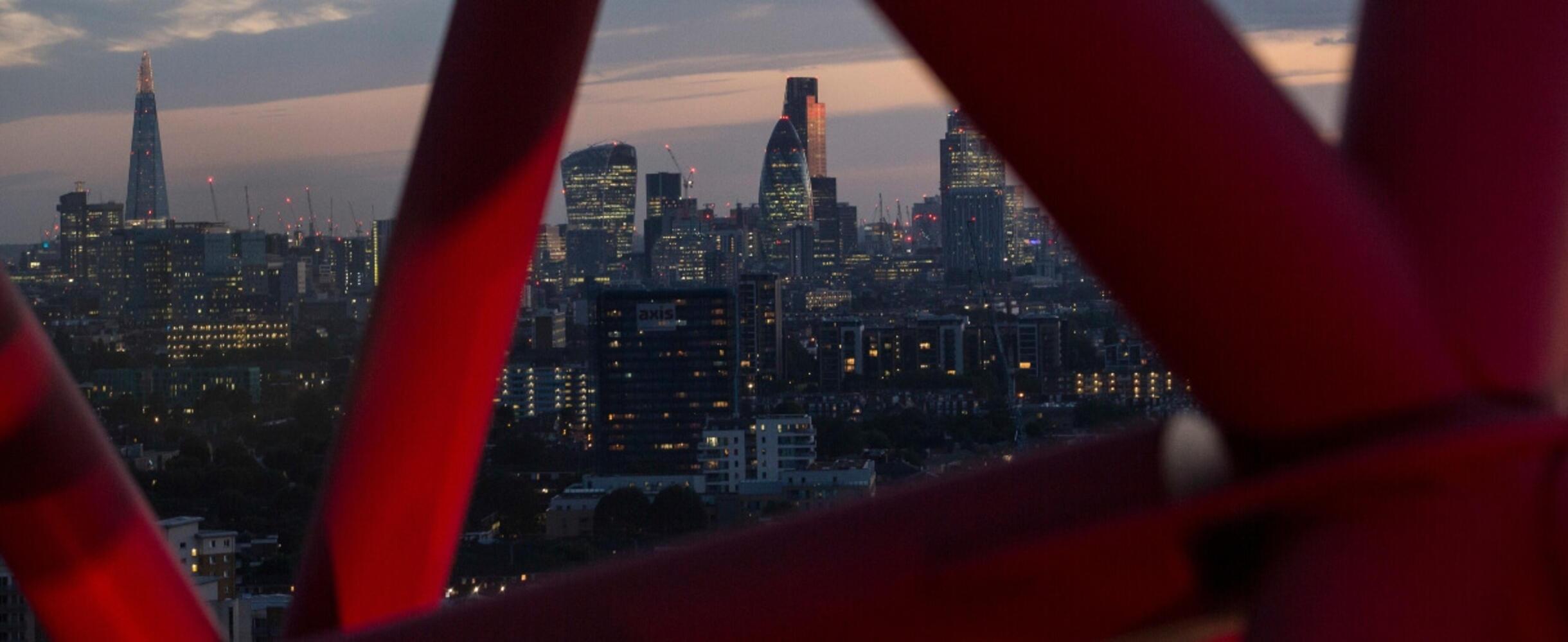 View of the London skyline at night from the ArcelorMittal Orbit at night