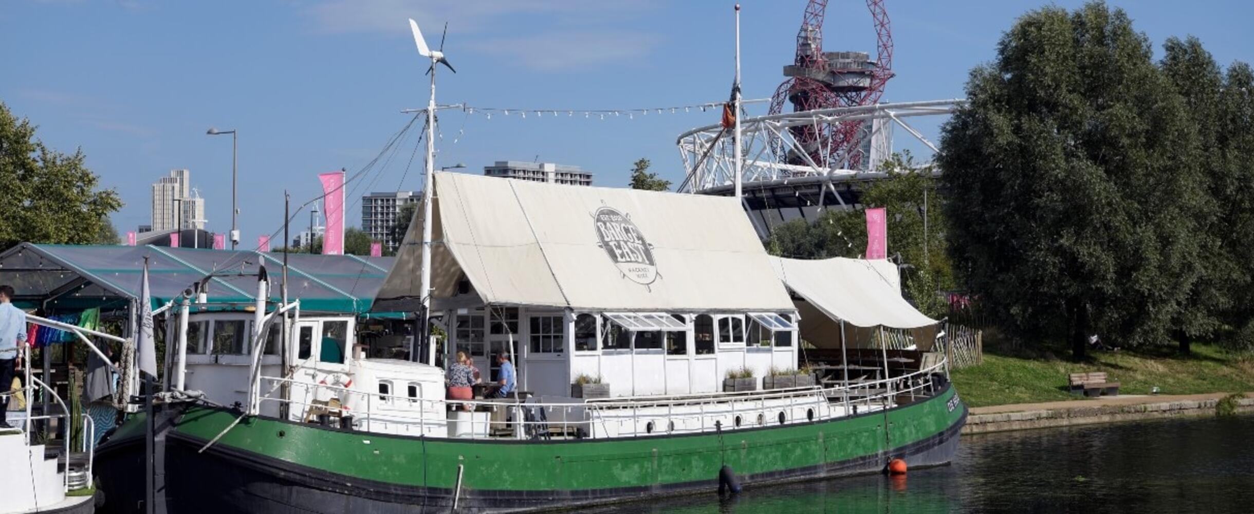 Barge East in the sun with ArcelorMittal Orbit in the background