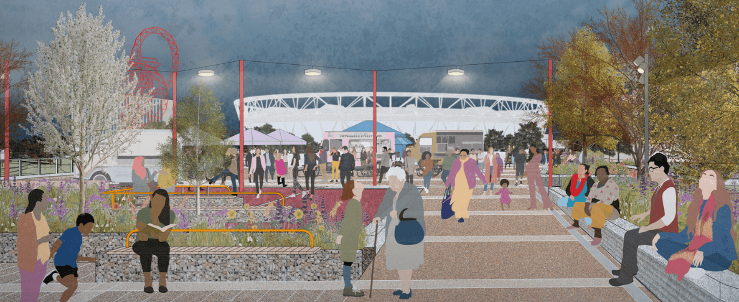 An artist rendering of revitalised space in front of London Stadium