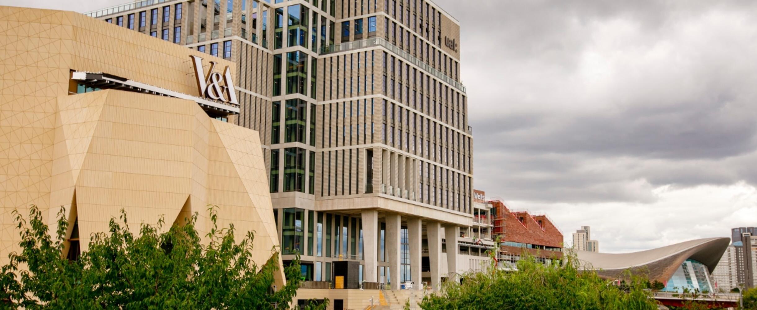 East Bank buildings with London Aquatics Centre in the background