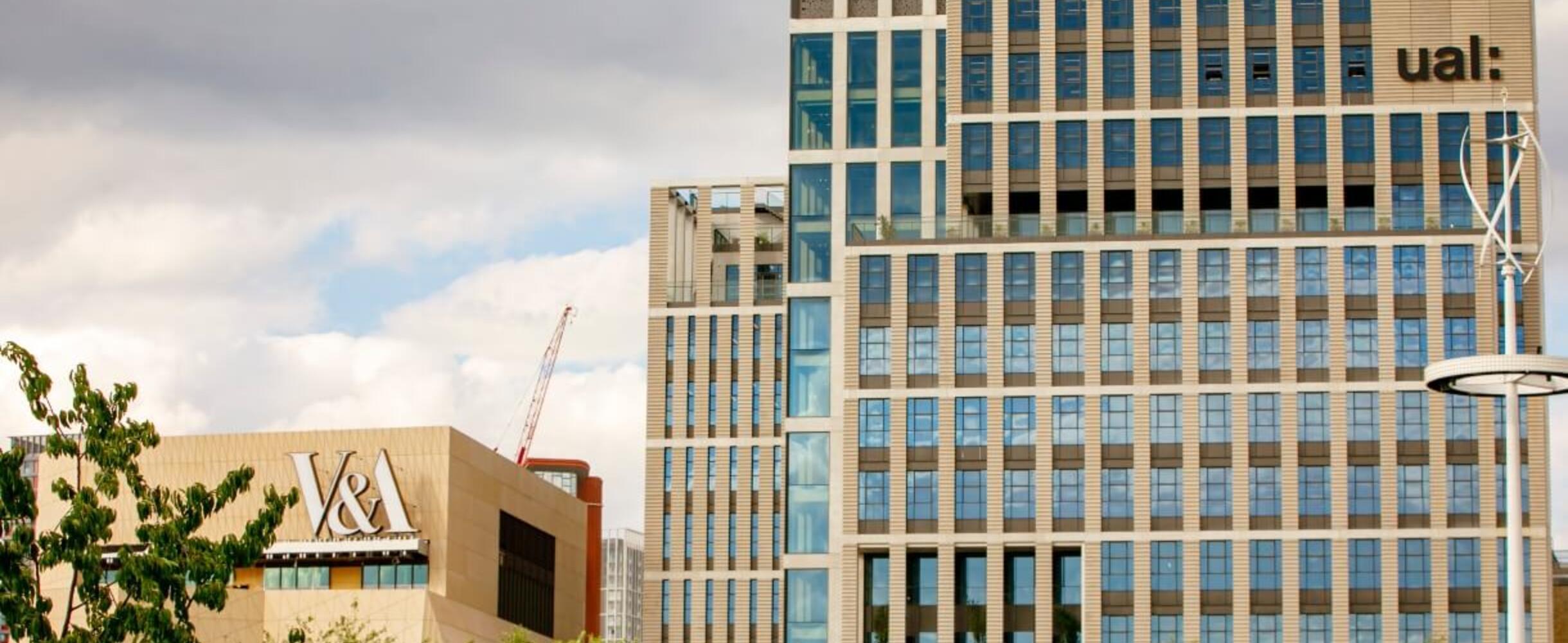 A shot of the V&A and UAL buildings at East Bank