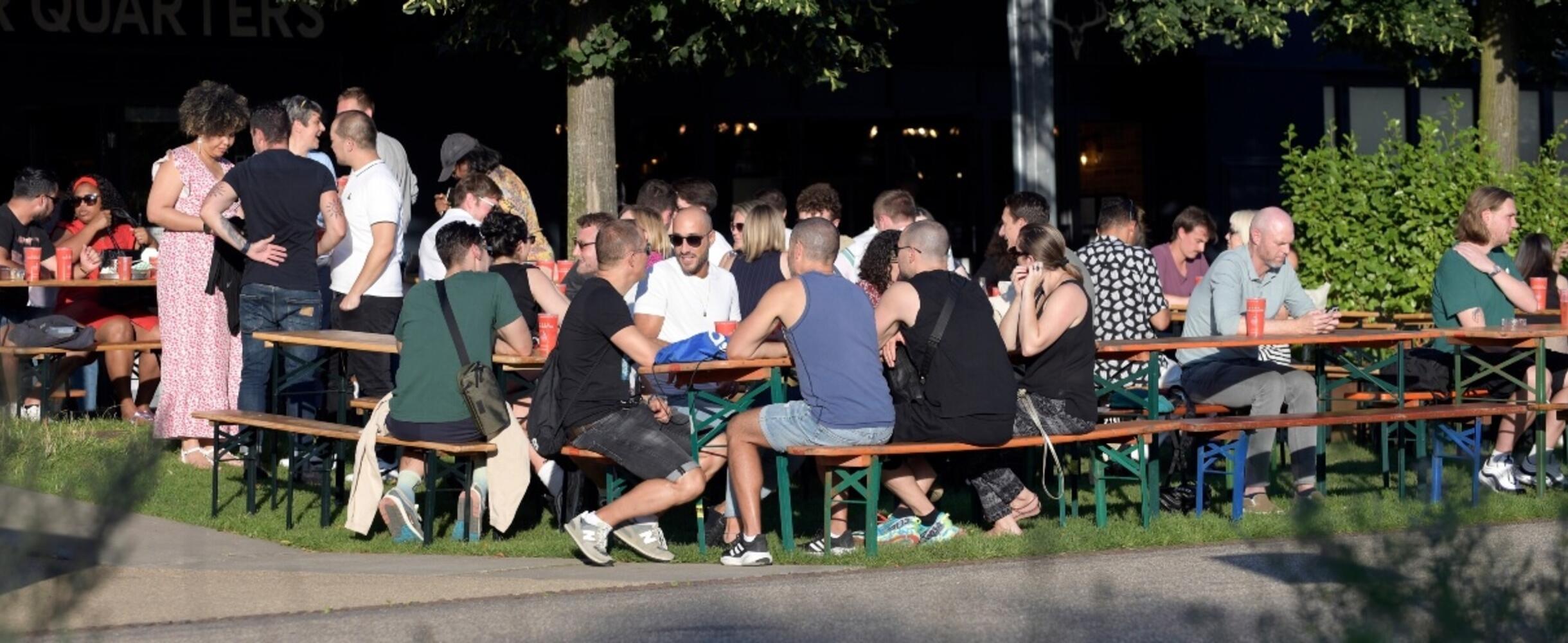 a busy restaurant at Here East canalside