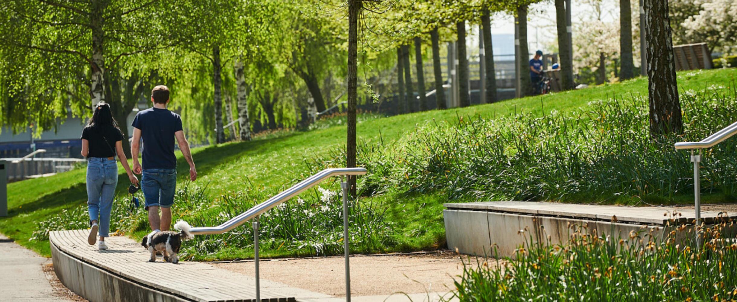 Two people walk their dog in the Park