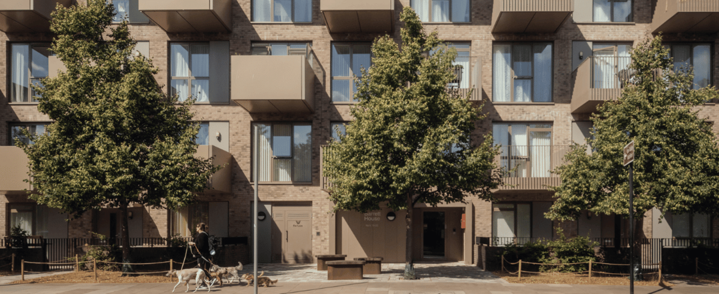 Woman walking dogs in front of homes on Queen Elizabeth Olympic Park
