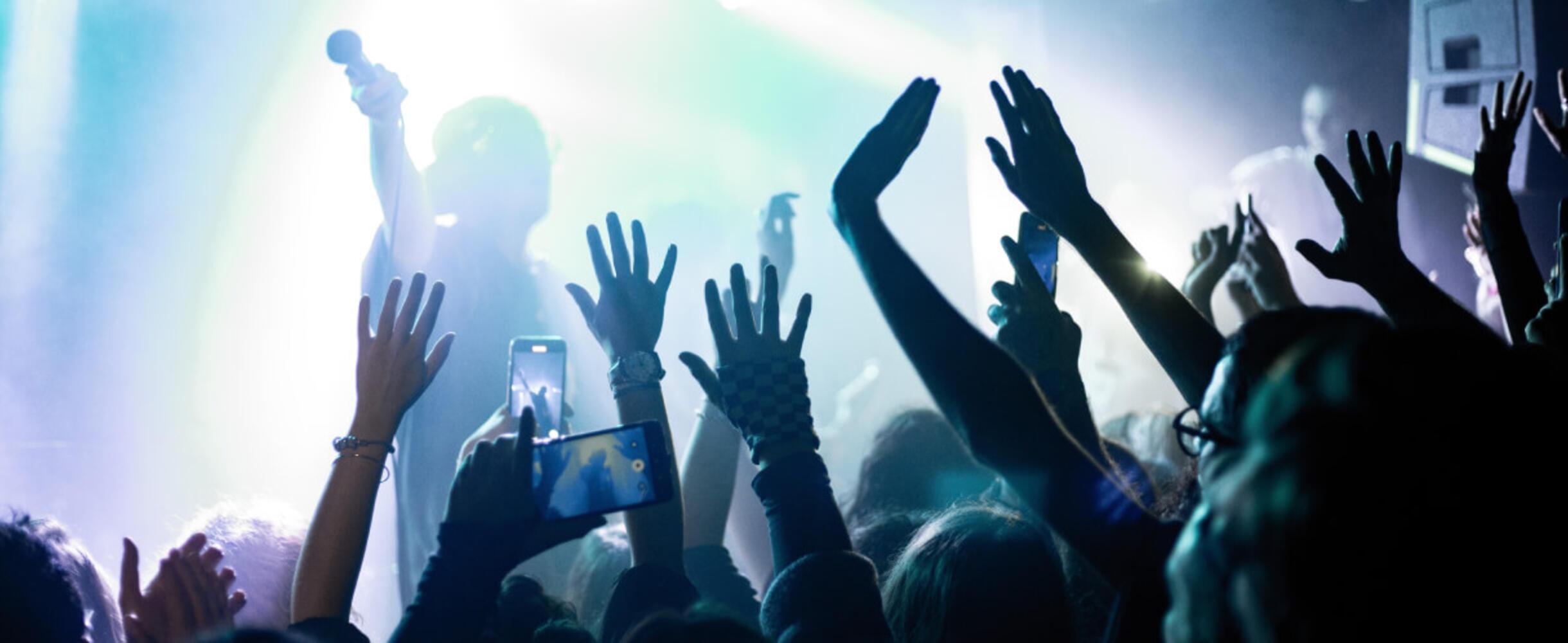 Crowd dancing with a singer on stage