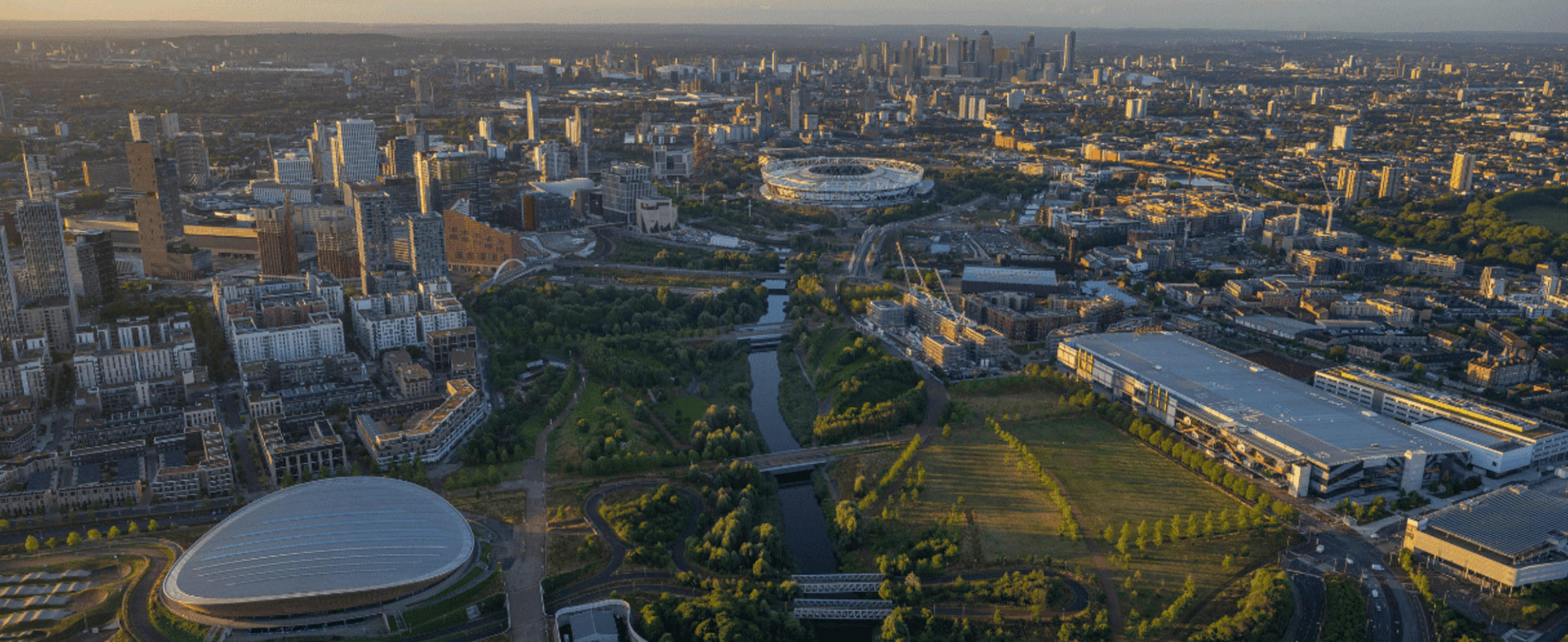 An aerial photograph of Queen Elizabeth Olympic Park at Dusk