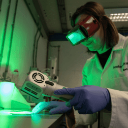 Woman in a lab scanning something
