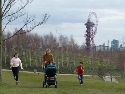Mother pushing buggy across park with two children