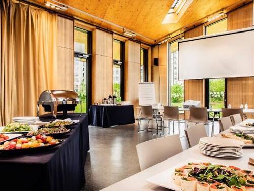 Inside the Timber Lodge Cafe set up with catering for a conference