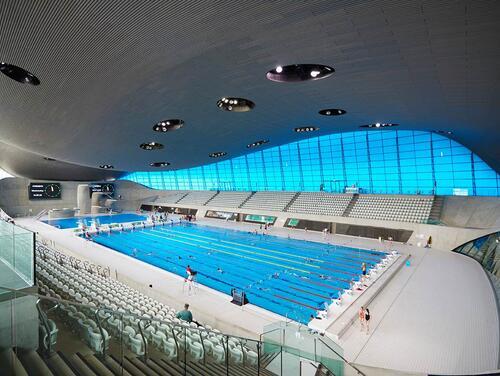 A high angle of the London Aquatic Centre 