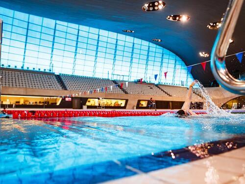 Poolside view of swimmer in a lane