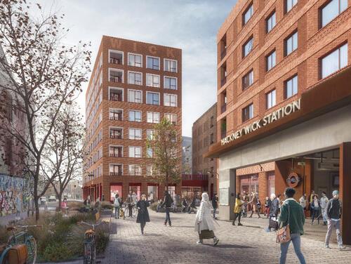 Artist rendering of new homes around Hackney Wick station