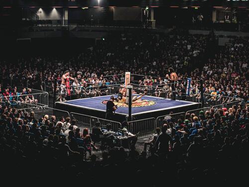 A wide angle photograph showing a busy stadium during a wrestling match