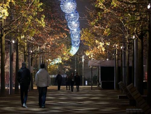 Dusk along South Park Plaza with the special light installations lit up