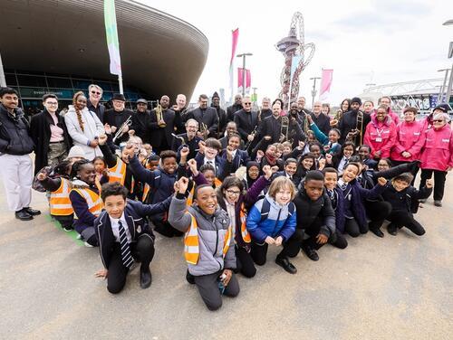 Group of school children posing for photo