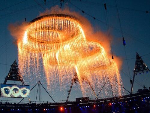 The Olympic rings lit up during the 2012 Opening Ceremony