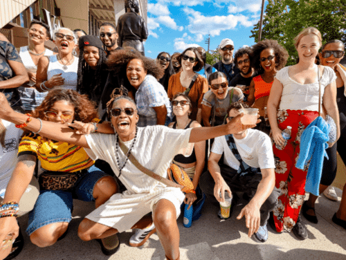 A group of people pose together for a photo