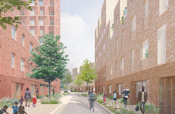 Artist impression of potentially how a pedestrian prioritised street on Bridgewater Triangle could look.