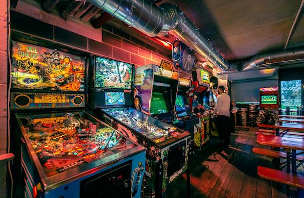 A series of arcade games at Four Quarters Bar in Hackney