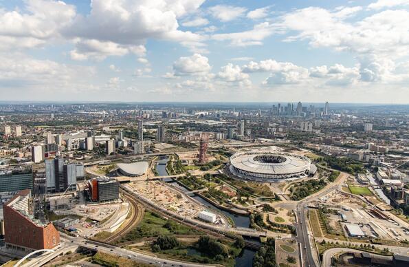 Aerial photograph of Stratford Waterfront, looking south towards Canary Wharf over the London Stadium Aerial photograph of Stratford Waterfront, looking south towards Canary Wharf over the London Stadium
