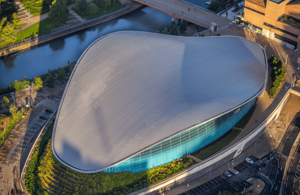 Aerial photo of London Aquatics Centre