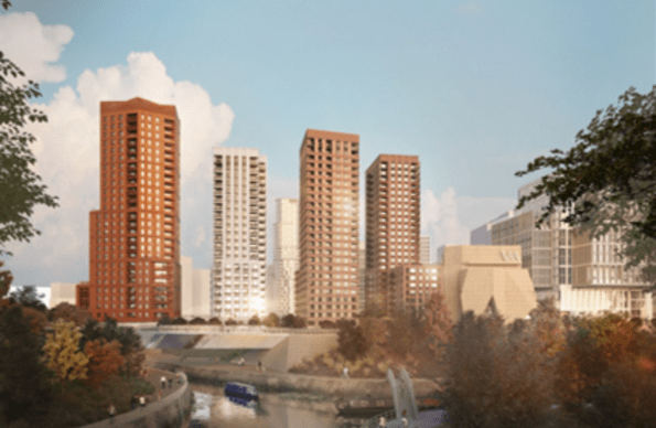 Computer generated image (CGI) of Stratford Waterfront looking east from Diamond Bridge
