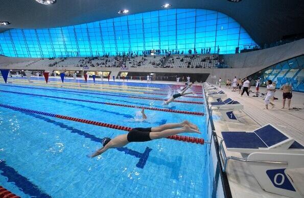 Swimmers diving into the pool at London Aquatics Centre