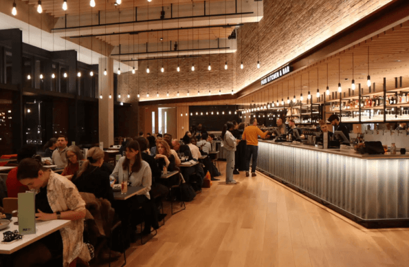A cafe bar filled with people in the evening