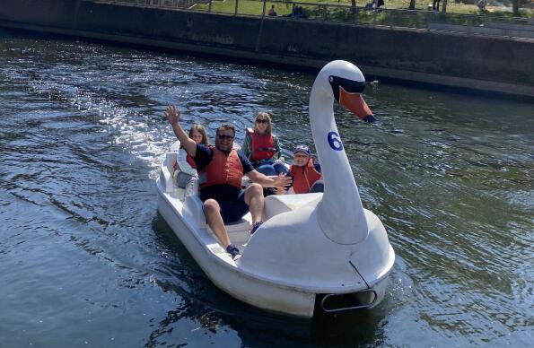 A family ride on a swan pedalo at Queen Elizabeth Olympic Park