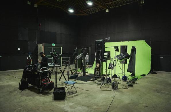 Filming equipment with a green screen at 3 Mills Studio