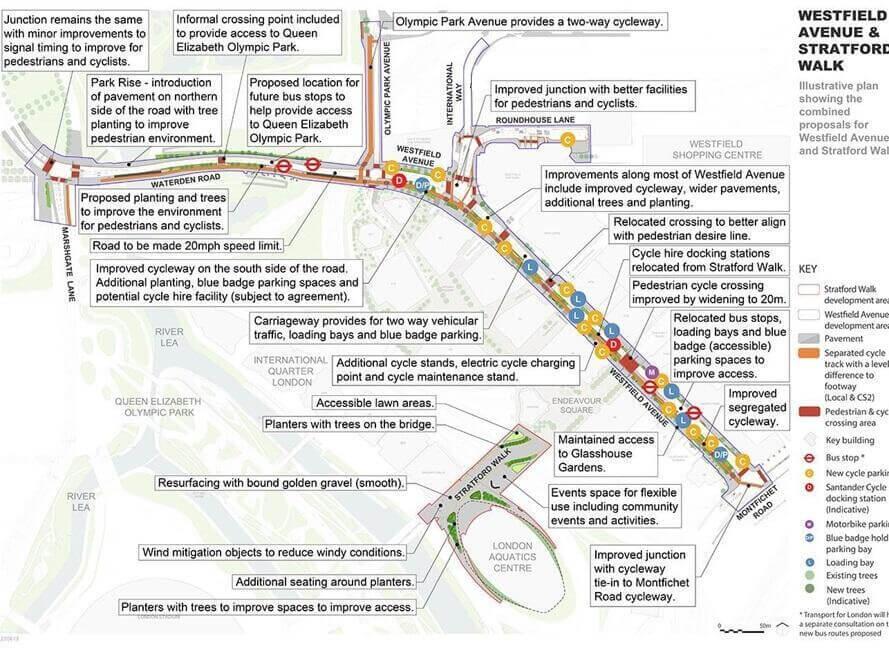 Plan showing the design proposals for Westfield Avenue and the adjacent Stratford Waterfront
