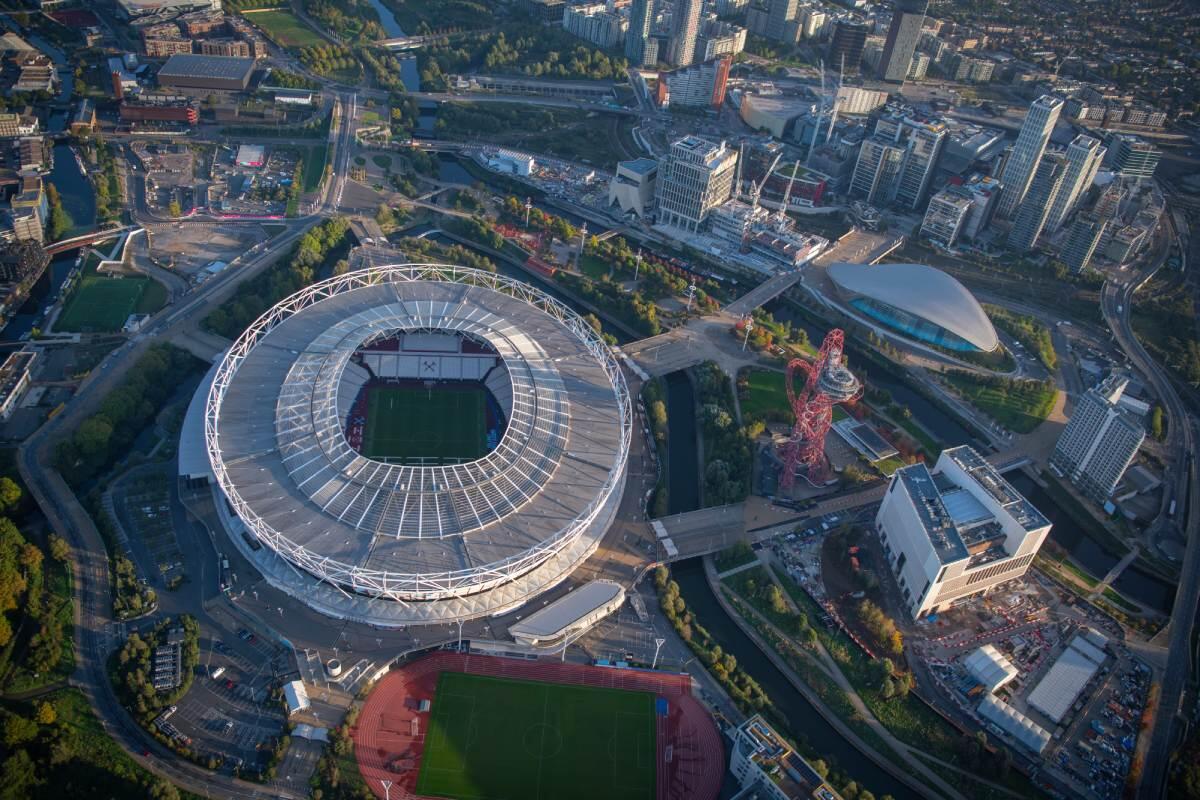 Aerial photograph of London Stadium within the wider Queen Elizabeth Olympic Park
