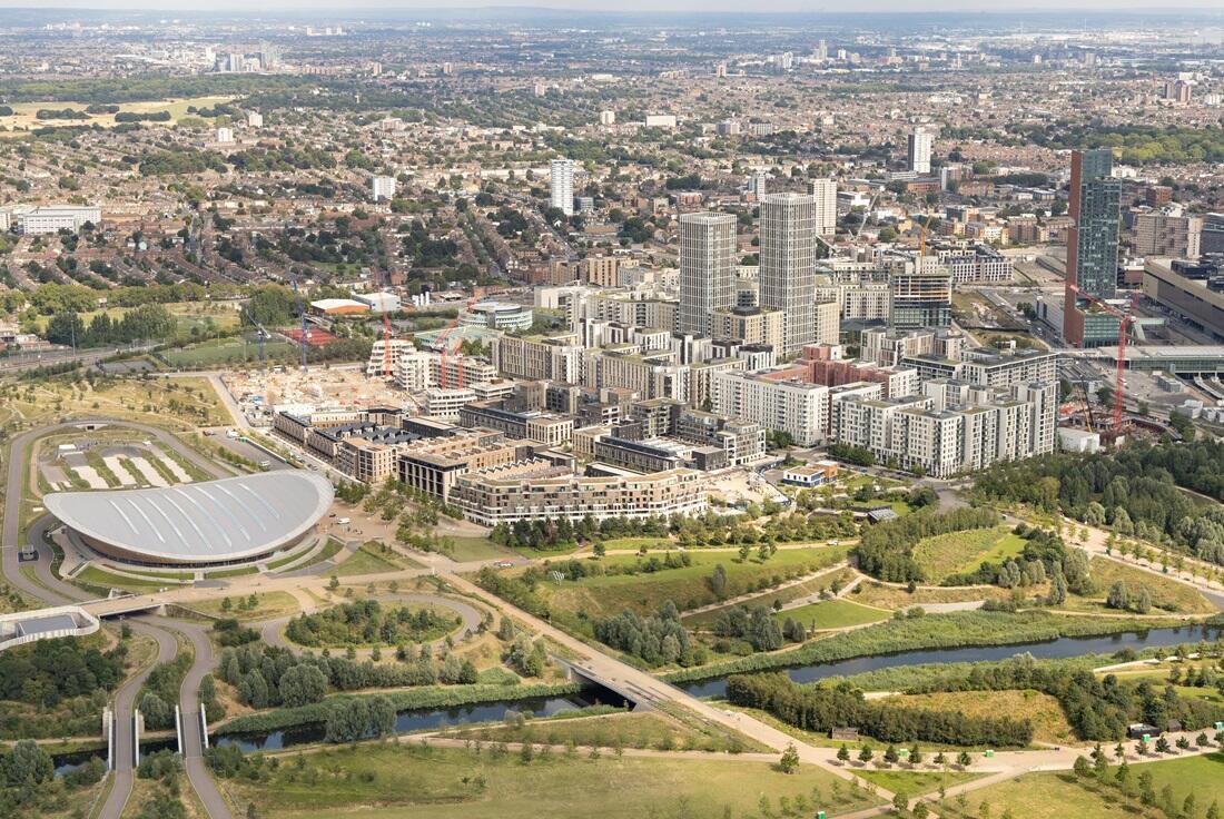 Aerial view of new housing development with London in the background