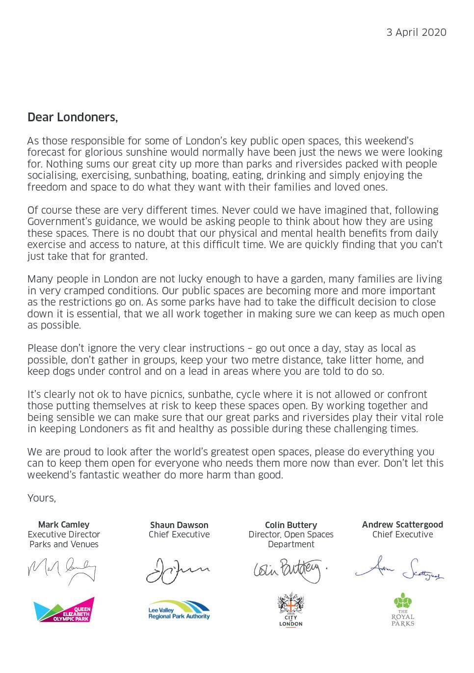 Image of letter to Londoner 3 April 2020
